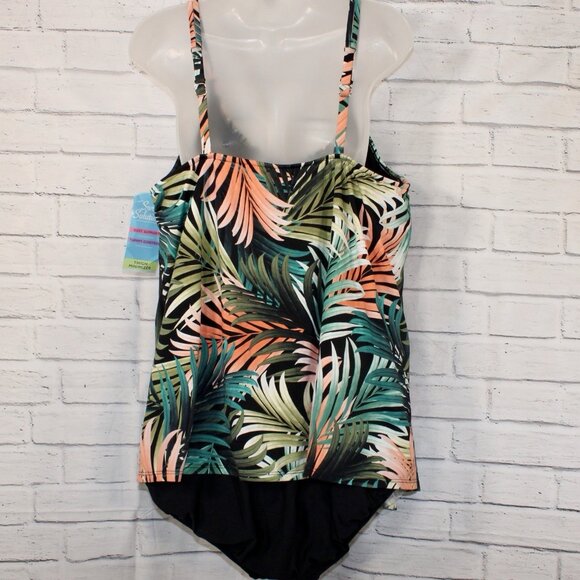 Swim Solutions Slimming Green Tropical Palm One Piece Swim Dress Plus Size 22W - Picture 5 of 6